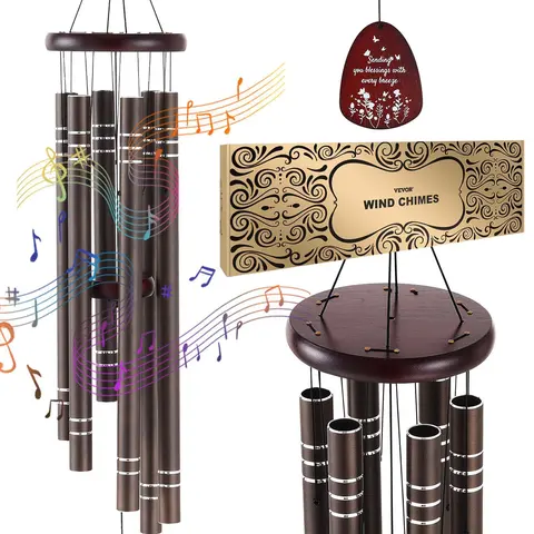 VEVOR 42-in Aluminum Outdoor Wind Chimes, Dark Brown Garden Accessories with 6 Hand-Tuned Rich-Tone Tubes, Durable Nylon Cord Decor for Balcony Patio, Ideal for Anniversaries Birthdays