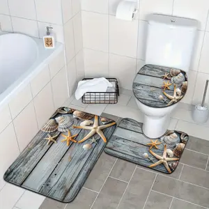 3pcs Ocean Series Gray Wooden Board Shell Starfish Pattern Bathroom Mat Set Toilet Seat Ring U-shaped Foot Mat