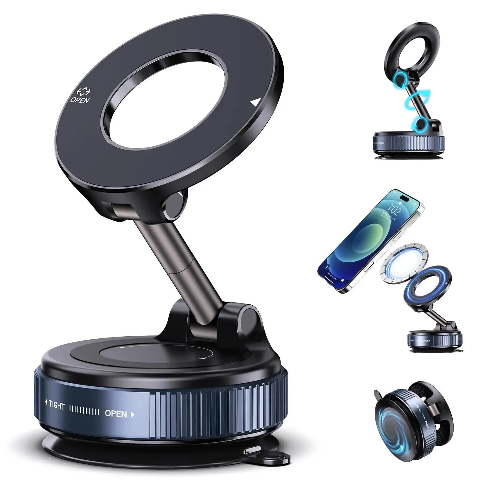 Upgraded Magnetic Phone Holder for Car, Vacuum Adsorption, Rotatable Foldable Bracket, Power-Free, Noise-Free for iOS and Android Phones, Car Phone Mount