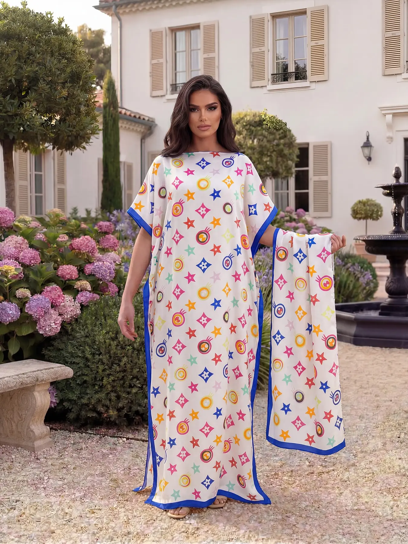 Elegant All-Over Printed Robe Set, Long Dress & Headscarf, Beach Sun Protection Satin Scarf, Women's Fashion Accessory