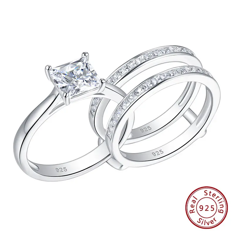Women's Solid 925 Sterling Silver Solitaire Princess Cut Engagement Ring, AAAAA Zircon Wedding Band Guard Ring QR8030 #Love Story Fashion Jewelry-NS Wedding Ring