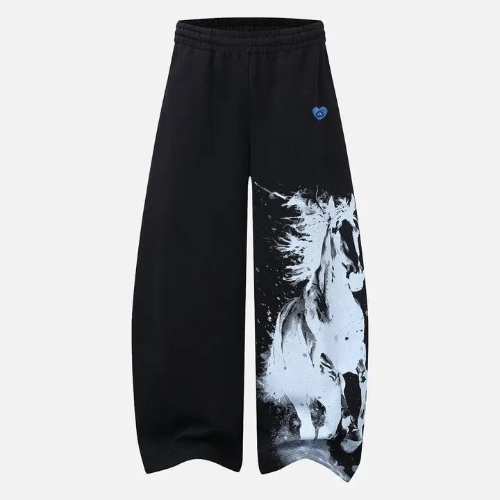 Aelfric Eden Ink Wash Horse Graphic Baggy Barrel Sweatpants High Waist Drawstring Elastic Waist Mini Oversized Barrel Wide Leg Soft Fabric Edgy Streetwear Unisex Bottoms