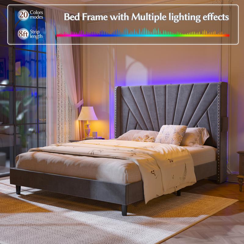 Raybee Full/ Queen/King Size Bed Frame with 51" Velvet Upholstered Headboard, up to 900 LBS ,Platform Bedframe with Charging Station and LED Lights, Wingback Headboard, No Box Spring Needed, Noise-Free[Black Friday]