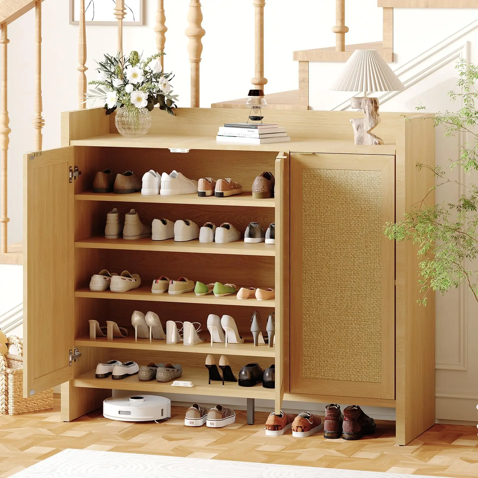 Garvee 47in Sturdy Wooden Rattan Shoe Storage Cabinet - Minimalist Farmhouse Boho Furniture with Rattan Doors, Adjustable Shelves, Light/Dark Oak Options, Room-Design Home Organizer for Hallway Entrance, Families, Engineered Wood