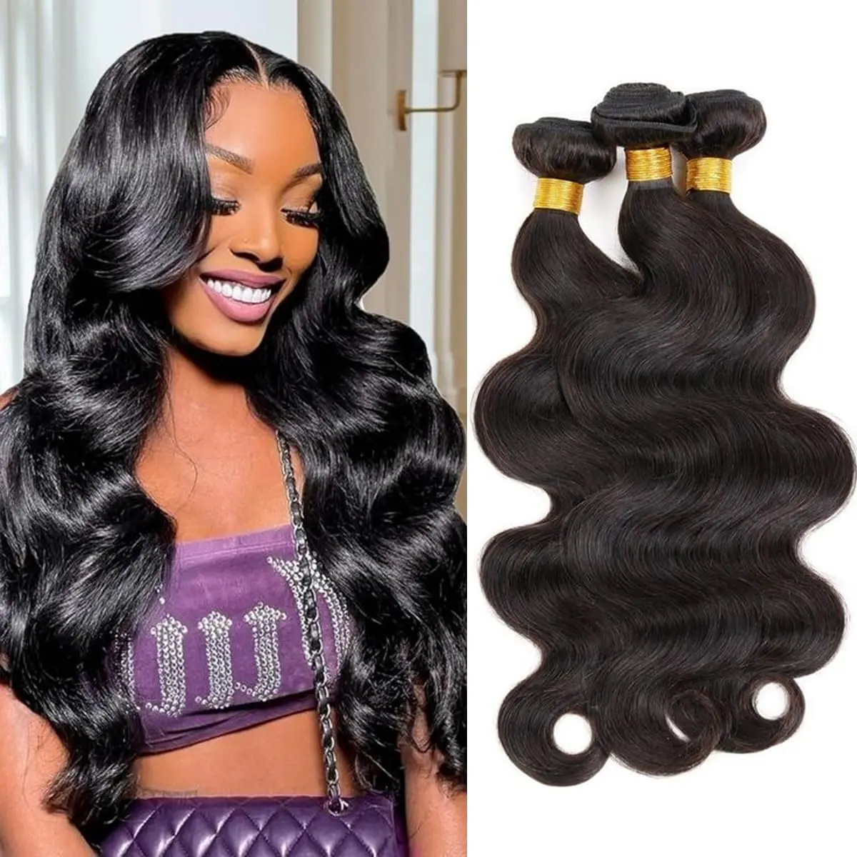 Black Women's Unprocessed Brazilian Virgin Hair Body Wave Bundles, 12-30 Inch 3-Piece Human Hair Extensions for Quick Weaves with Natural Look