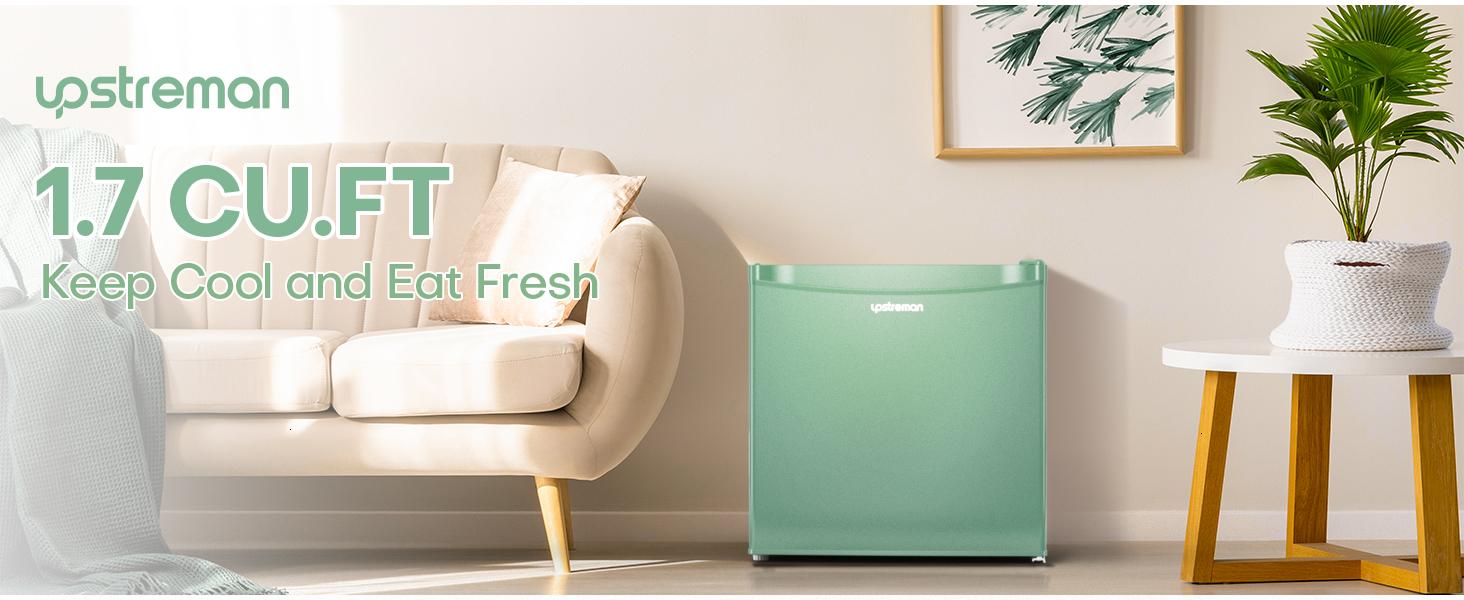 Upstreman mini fridges 1.7 Cu Ft with Freezer FR17 Adjustable Thermostat Energy Saving Low Noise Single Door Compact Refrigerator for Dorm Office Can Bedroom green fridge mini  brands Small pantry drink fridge skincare fridge Portable