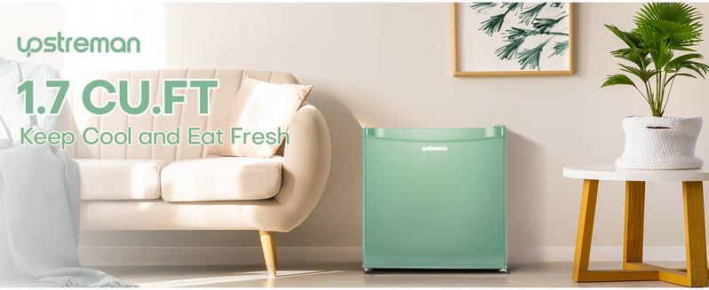 Upstreman mini fridges 1.7 Cu Ft with Freezer FR17 Adjustable Thermostat Energy Saving Low Noise Single Door Compact Refrigerator for Dorm Office Can Bedroom green fridge mini  brands Small pantry drink fridge skincare fridge Portable