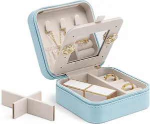 Small Travel Jewelry Box Organizer - Mirrored Jewelries Necklaces Rings Earrings Necklace Storage Case, Baby Blue
