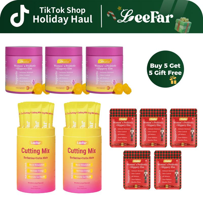LEEFAR Signature Bundle: Women's Probiotics+Slippery Elm Pineapple Gummies*3 Bottles & Cutting Drink Mix*2 Jars
