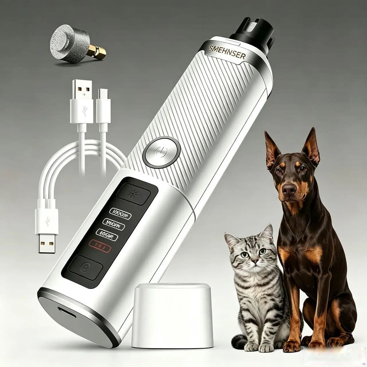 Low Noise Dog Nail Grinder, 3-Speed Rechargeable Pet Nail Trimmer with 2 LED Lights, Diamond Grinding Bit for Stress-Free Grooming of Dogs & Cats