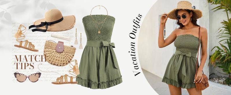 Grace Karin Women's Plain Cotton Linen Smocked Short Rompers, Casual Adjustable Spaghetti Strap Wide Leg Short Sleeveless Romper for Summer Ladies Clothes for Daily Wear, Womenswear Overalls Suits