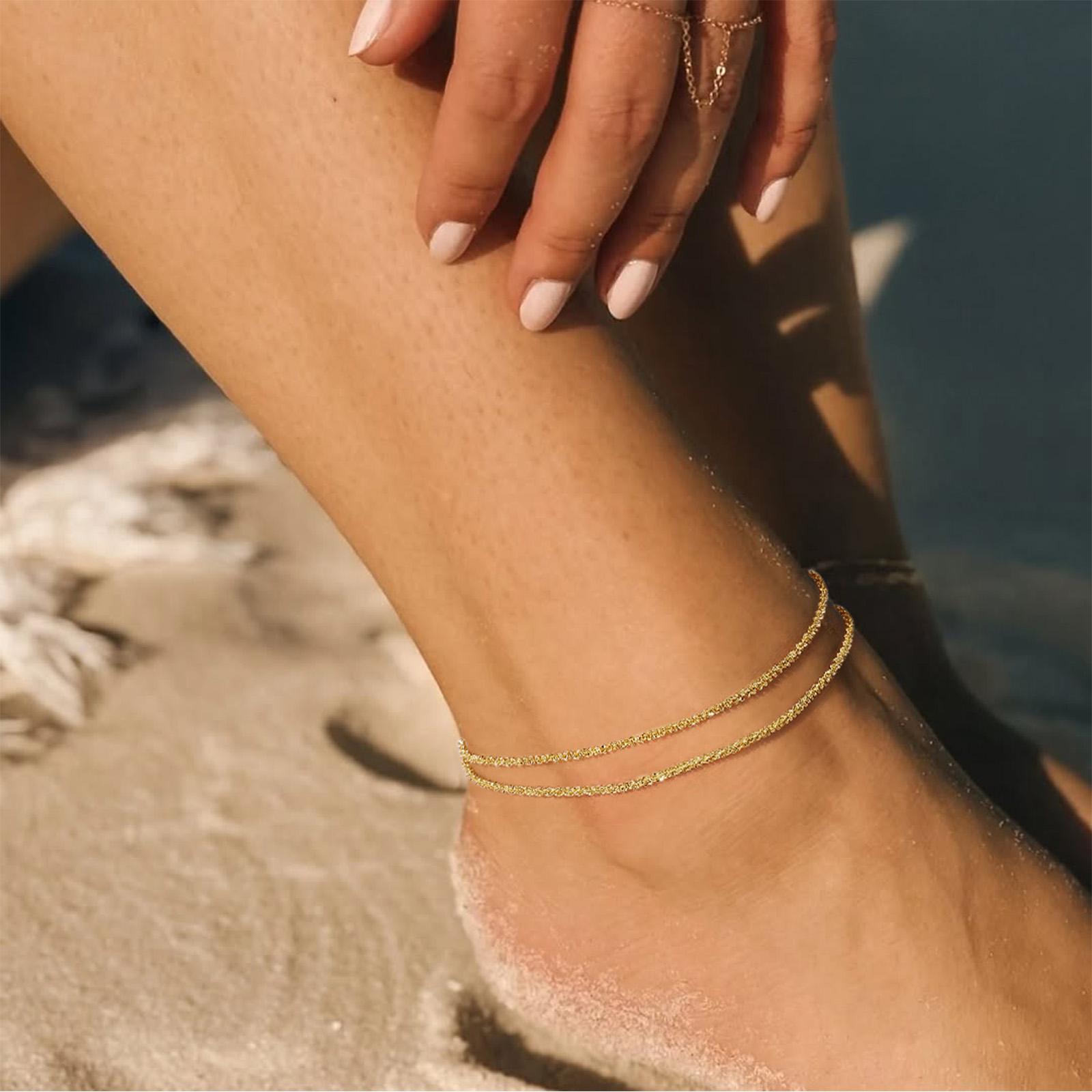 KissYan Ankle Bracelets for Women, Dainty Layering Anklets  Adjustable Fashion Twisted Sparkle Ankles Waterproof Summer Beach Foot Jewelry