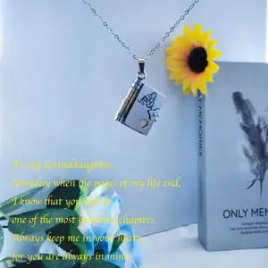 Book Pendant Necklace – Stainless Steel Keepsake that Opens with Message (18" Chain) | Gift for Granddaughter, Grandson, Daughter, or Son