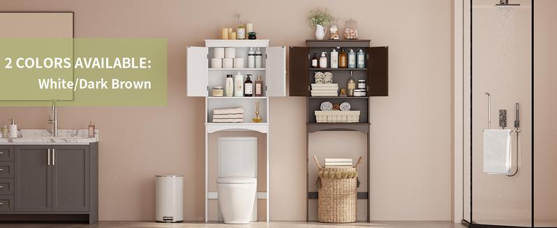 Gizoon Over The Toilet Storage Cabinet with Adjustable Shelf and Double Doors, Bathroom Space Saver Organizer Above Toilet with Open Shelf, Taller Wooden Free Standing Toilet Rack -White