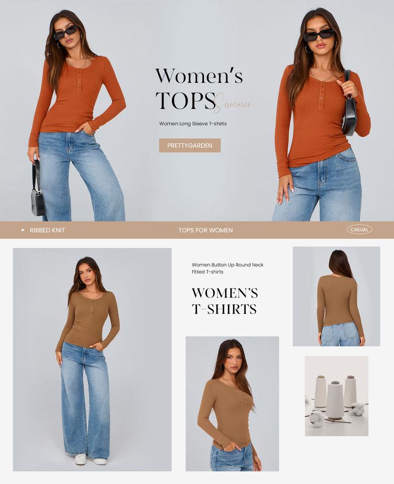 PrettyGarden Women's Fall Long Sleeve Henley T Shirts Button Ribbed Knit Slim Fit Casual Basic Tops Blouse