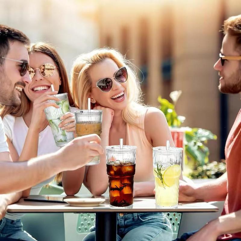 Glass Coffee Cups with Lids and Straws, Vintage Ribbed Glass Tumblers, Leakproof Design, Reusable Glass Cup for Iced Coffee Stylish Drinkware