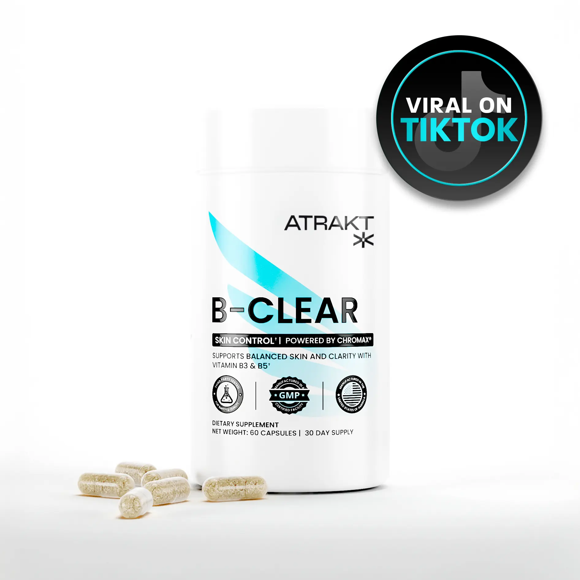 B-CLEAR Daily Skin Formula - ATRAKT - 60 Veggie Capsules - Acne & Breakout Support - Natural Skin Health Supplement - Dietary Supplement