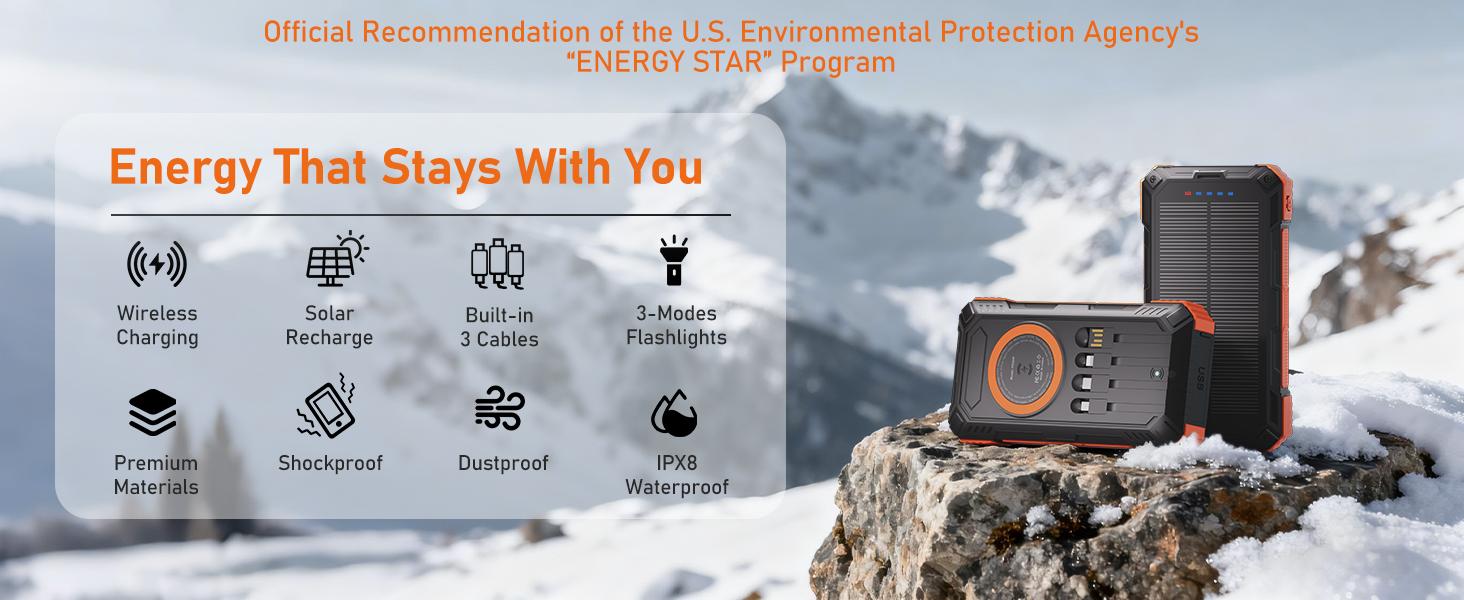 Solar Power Bank 49800mAh | 15W Wireless Charging | Built-in 4 Cables | 22.5W PD Fast Charging | Rugged Outdoor Power Bank for All Devices  Chargeable power bank power bank charger battery power bank