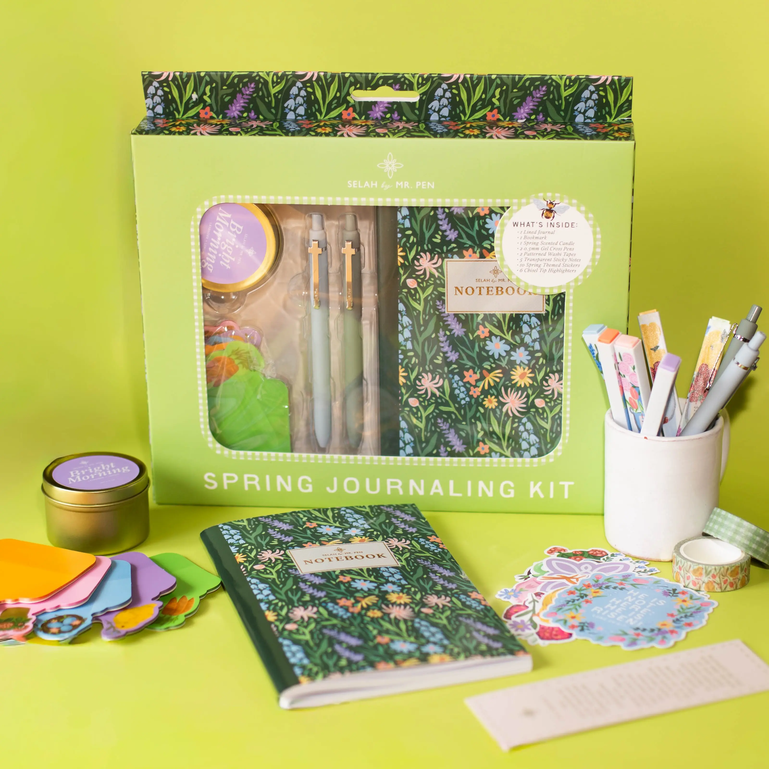 Selah by Mr. Pen Bloom & Grow Journaling Kit, Limited Edition, Journaling Kit with Highlighters, Gel Pens, Washi Tape, Sticky Notes, Stickers, Scented Candle, Bookmark, Spring Journaling Kit Gift Set