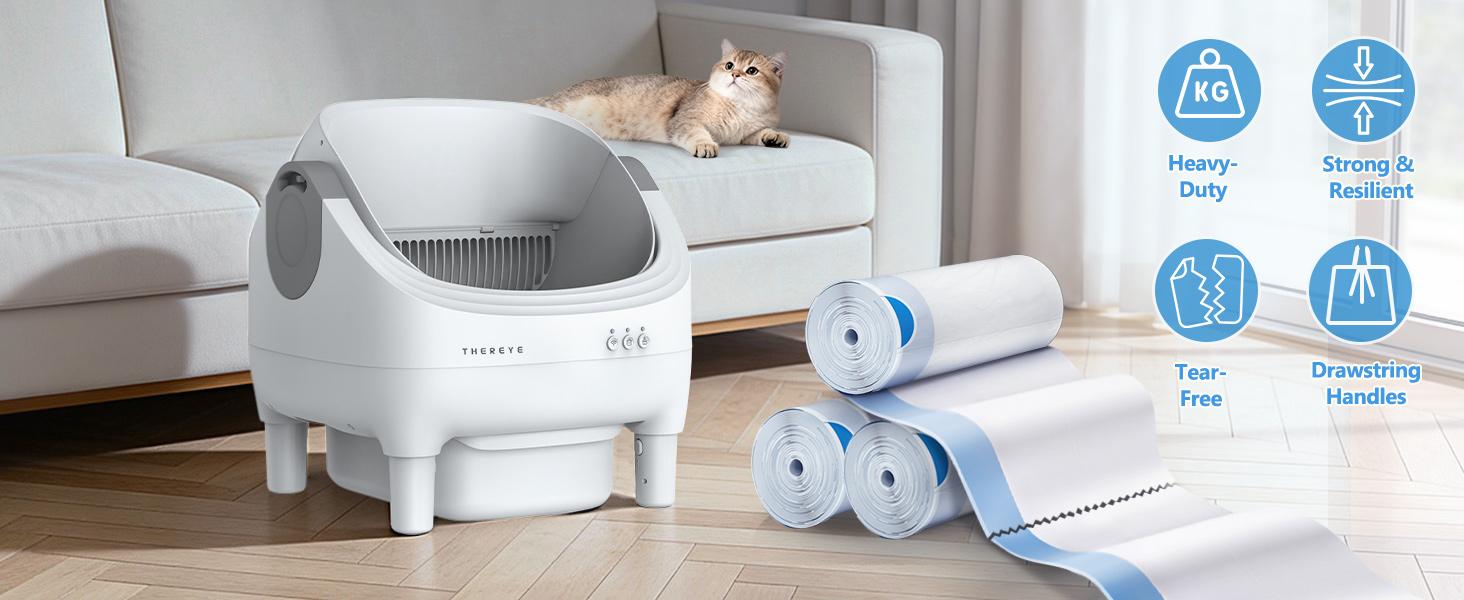 Thereye SC06 Open-Top Self-Cleaning Cat Litter Box special accessories, deodorization gel, and garbage bags