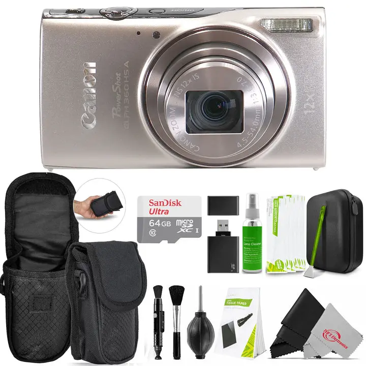 Canon PowerShot ELPH 360 HS A Digital Camera (Silver) + SanDisk Ultra 64GB microSDXC Memory Card + Neoprene Compact Protective Carrying Case + Professional Cleaning Kit + Memory Card Reader Button Device
