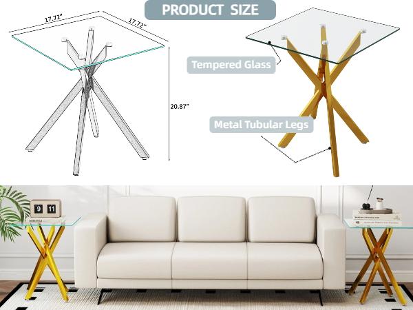 2-Piece Square Tempered Glass Side Table | 17.72" Clear End Tables set of 2 with Golden/Black/Silver Legs for Sofa/Bedroom