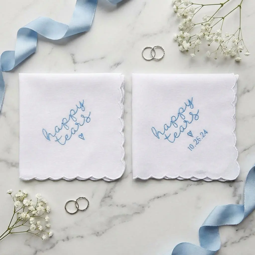 HAPPY TEARS Embroidered Scalloped Edge Handkerchief with Custom Date