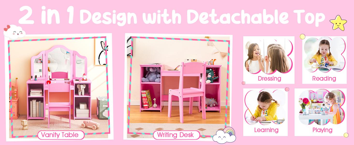 Costzon Kids 2-in-1 Princess Vanity, Kids Vanity, Wooden Vanity Table with Stool & Drawer, Removable Top, Princess Pretend Playset for Little Girls,Father's Day Gift