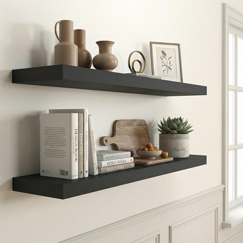 Spaco 35.4" Maple Black Floating Wall Shelves - Modern Wood Storage for Bathroom, Bedroom, Kitchen & Living Room (Invisible Brackets, Decorative & Functional for Books & Organization)