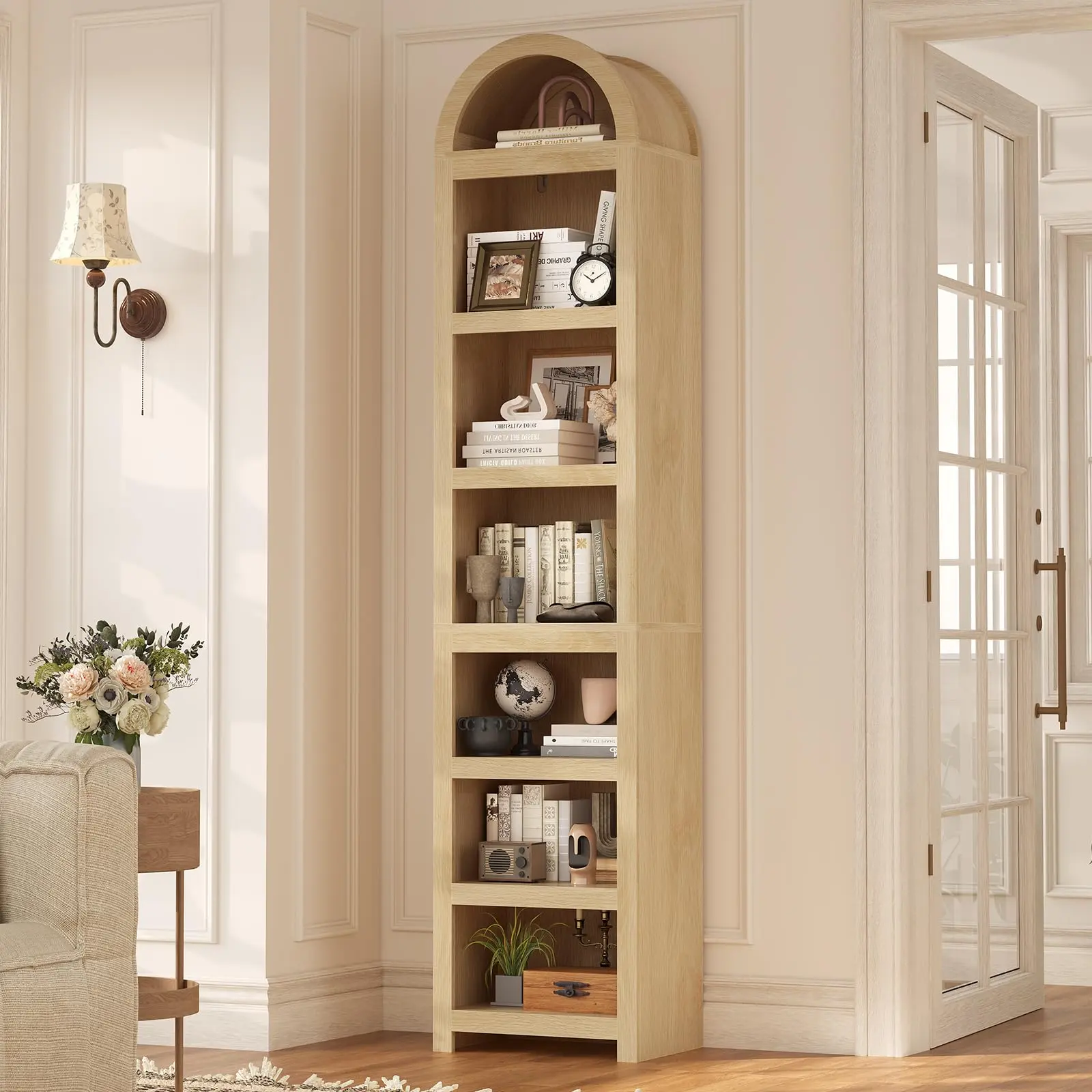 76" Tall Narrow Arched Aesthetic Curved Bookshelf Cabinet, 7-Tier Modern Space Saving Furniture with Adjustable Shelves, Oak Adjustable Shelves Living Room Furniture, Aesthetic Bookshelf