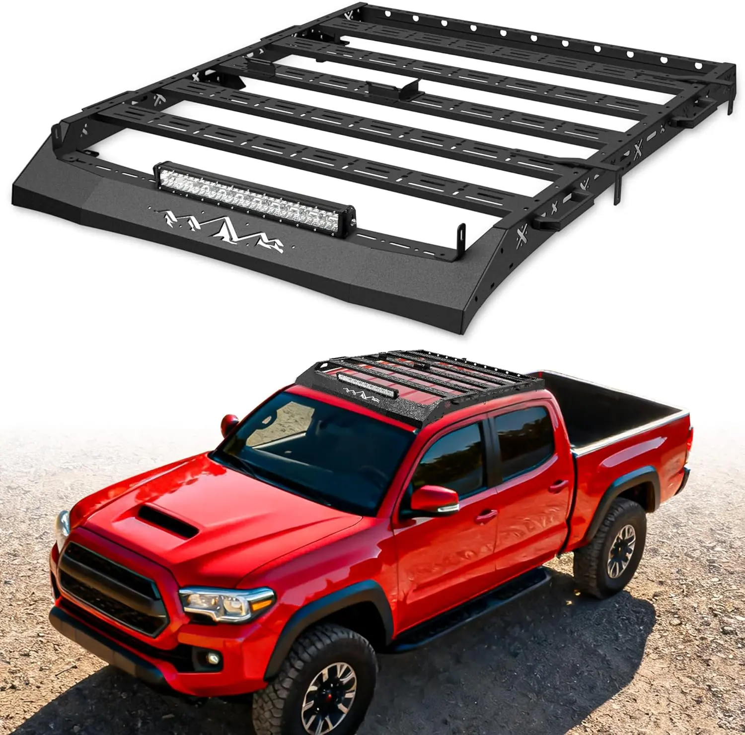 MONOKING Heavy Duty Carbon Steel Roof Rack Cargo Basket, Automotive Car Accessory for 2005-2023 Tacoma Double Cab & Crew Cab Truck, 400 lb Capacity, LED Light Bar, Paintable
