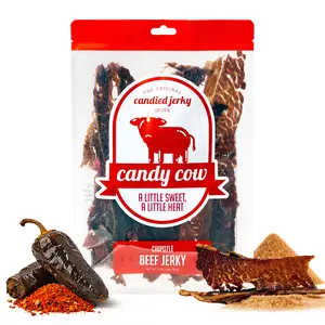 Candy Cow Chipotle, 5oz Bag, Sweet Candied Beef Snack – Smoky Chipotle Heat, Sweet & Savory Brisket, Slow-Build Spicy Beef Jerky for Heat Lovers, Resealable