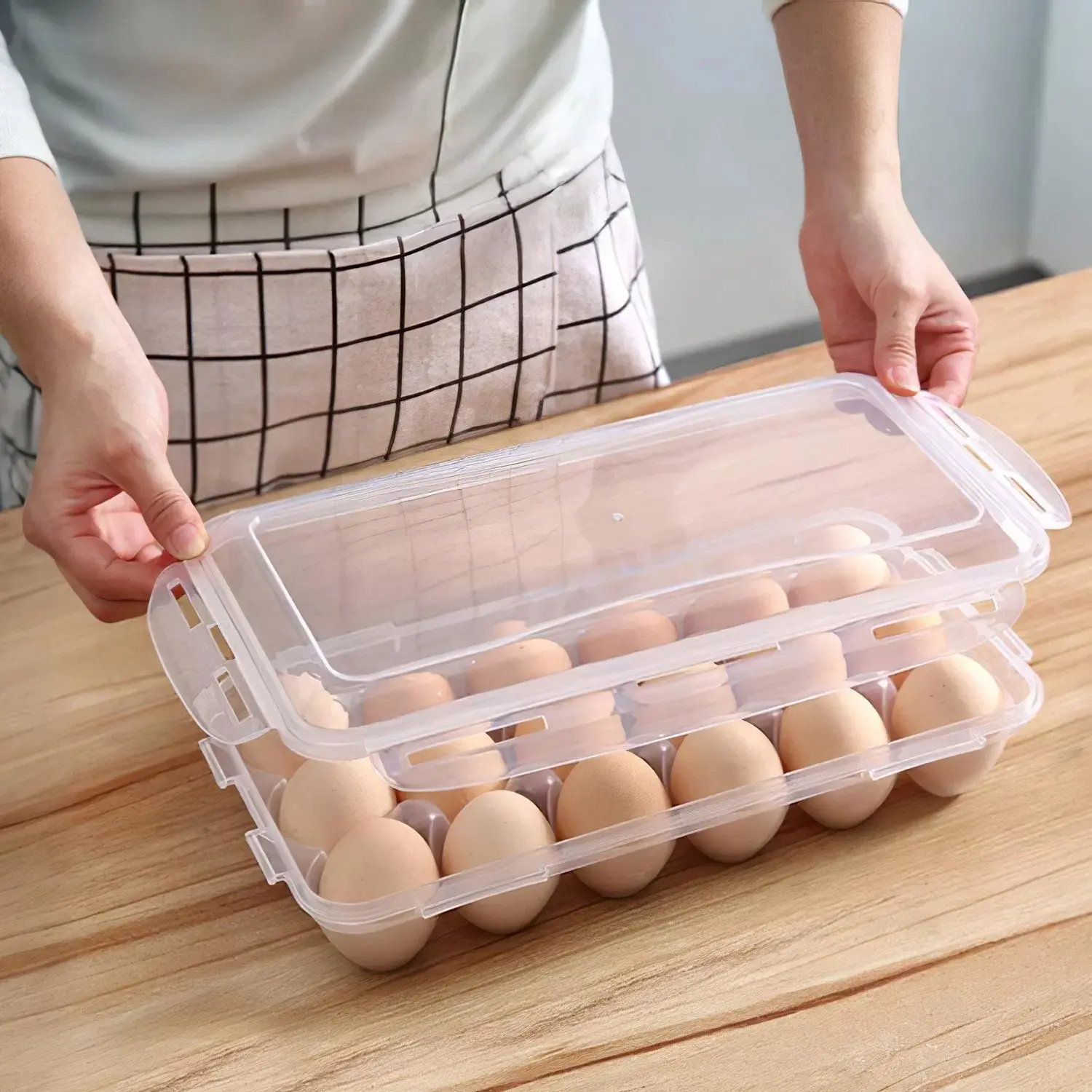 2-Pack Stackable Egg Holder for Refrigerator 18 Grid Egg Storage Container with Lid Clear Plastic Organizer for Fridge Space Saving