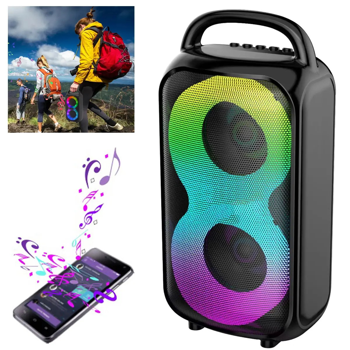 Portable Bluetooth Boombox Speaker with Dual 3" Audio Drivers, Wireless Speakers Function, Rechargeable Charging, FM Radio, LED Party Lights, Wireless Connection, Halloween-Christmas Gift,back to school,back to school haul