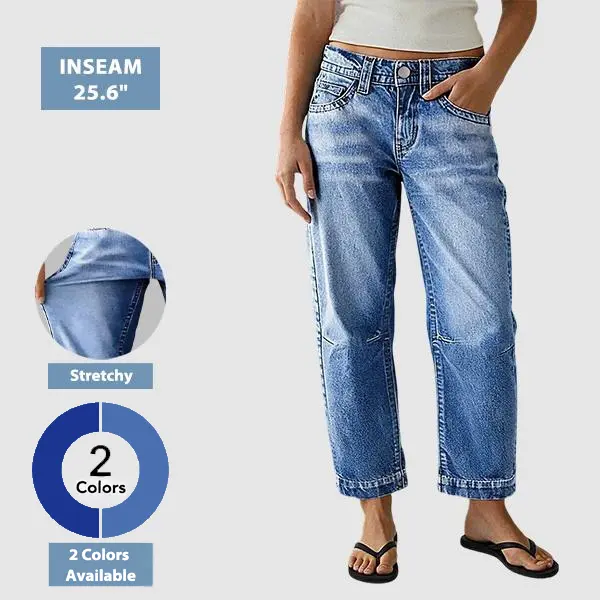 Flamingals Seaming Detail Mid Waist Straight Leg Crop Jeans Stretchy 25.6 Inseam Casual Fit