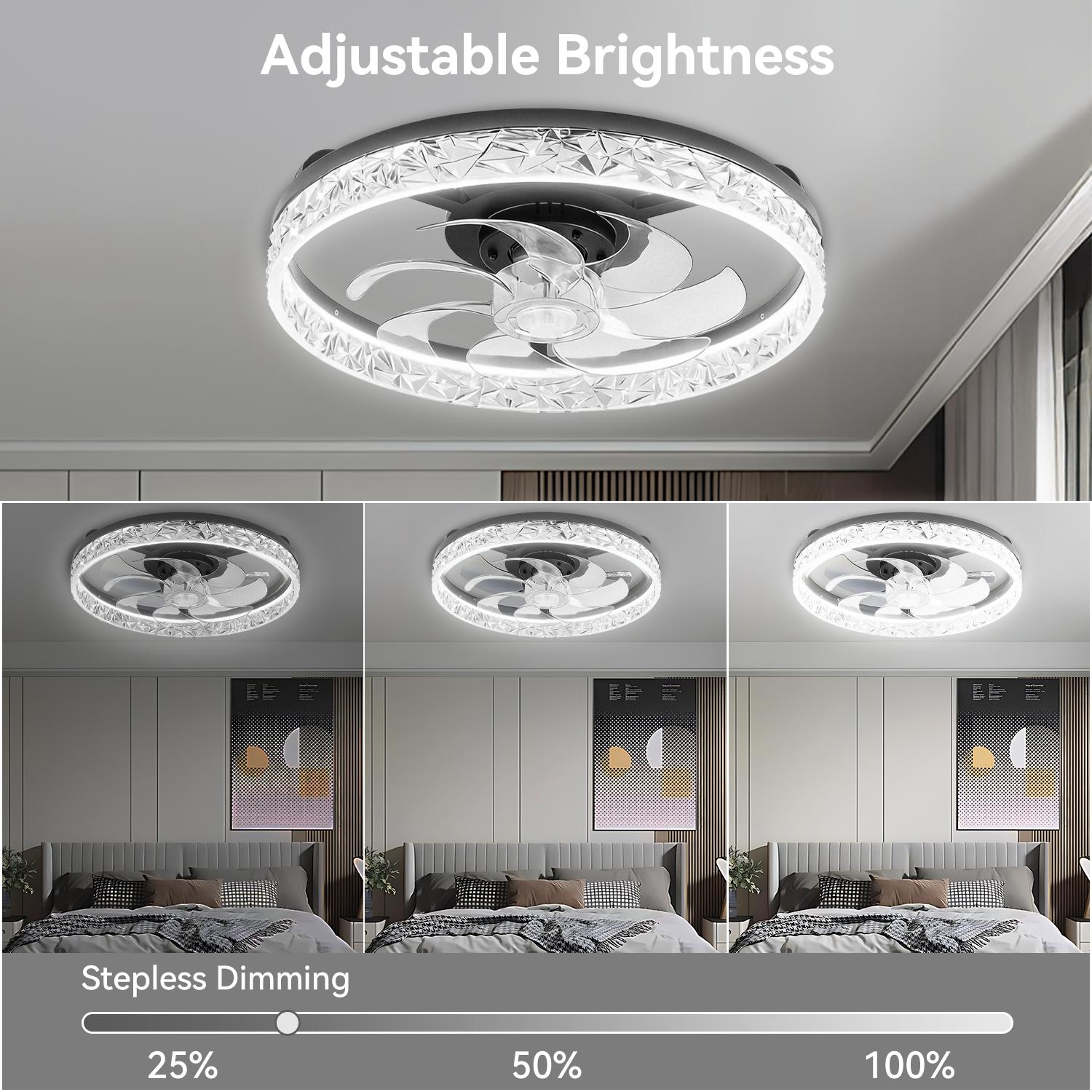 GLITGATE Cristais Multifunctional Ceiling Fan with 3 Color Temperatures Light, Remote Control/APP, 6 Wind Speeds, Timer, Reversible DC Motor, Adjustable Brightness , Low Noise for Living Room, Bedroom, Indoor Lighting Led Lighted
