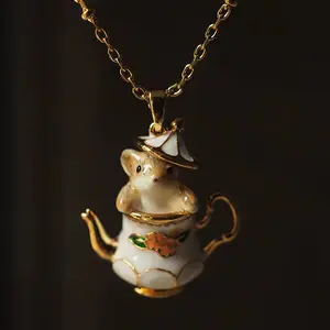 Mini Ceramic Mouse in Teapot Pendant Necklace Tiny Animal Charm Cottagecore Pendant on Gold Plated Ball Chain Fairycore Tea Party Gift