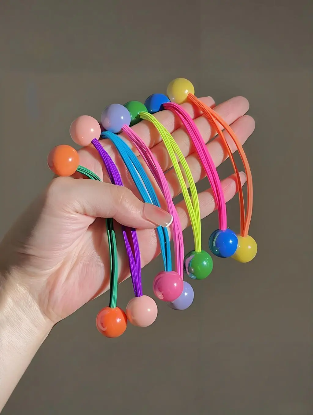 7-Piece Cute Rainbow Hair Tie Set with Colorful Ball Beads - Soft, Stretchy and Non-Damaging Elastic Bands for Girls, Plain, Hair Tie/Ribbon/Scrunchie, Soft Stretchable, Headband, Birthday, Hair Accessory, Beaded Decor