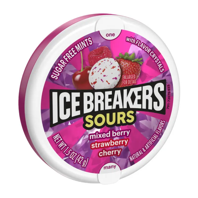 8-Pack Ice Breakers Sours Mixed Berry Chewy Candy Tin - 1.5oz (42g), Fat-Free, Sodium-Free, Natural, Portable, Sour-Sweet Fresh Breath Snacks for All Ages