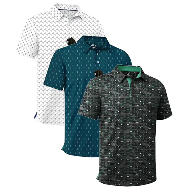 ZITY Men’s 3-Pack Short Sleeve Polo Shirts - 4-Way Stretch Fabric, Breathable, Moisture Wicking, Cool Touch, UPF 30+ Protection, Unique Print Patterns, Casual Outdoor Menswear Top, Unique Gifts for Man, Gifts For Boyfriend, Boyfriend Gifts