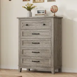 5 Dresser for Bedroom, 41.3" Tall Vertical Drawer Dresser with Large Storage, Freestanding Wooden Closet Chest for Bedroom, Living Room, Grey