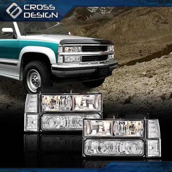 CROSSDESIGN HEADLIGHT BUMPER FIT FOR 1994-2000 GMC C10 C/K SUBURBAN CHROME LAMP CLEAR CORNER