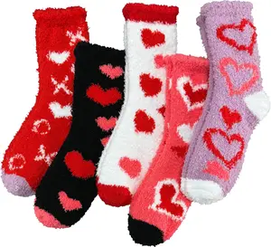 TEHOOK Warm Cozy Valentines Day Gifts for Her, 5 Pairs Soft Fluffy Heart Fuzzy Socks for Galentines Basket Stuffers