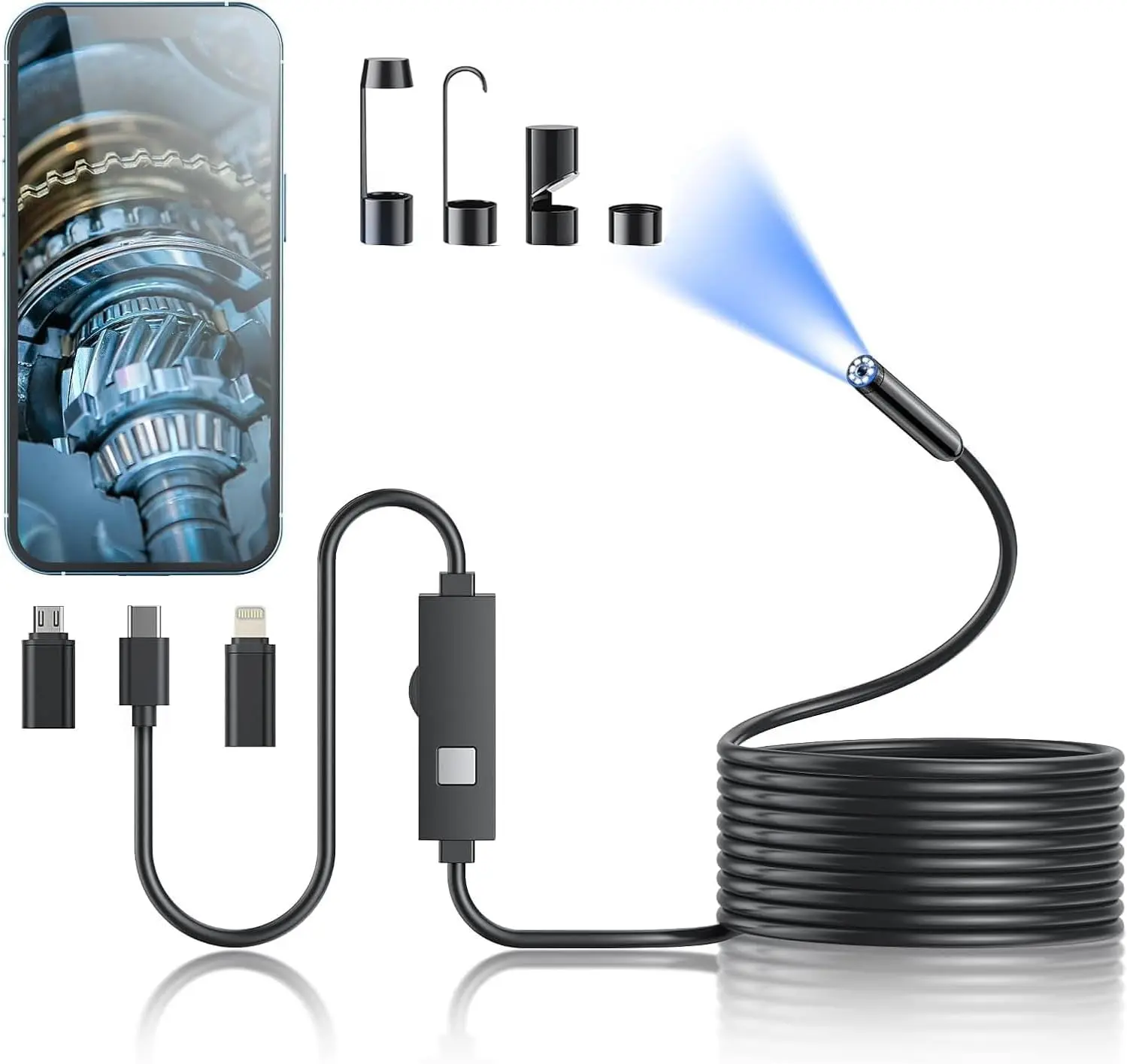TechGuru Endoscope with LED Light and Multiple Adapters for iPhone and Android Devices