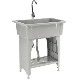ROVSUN 20-Gallon Gray Plastic Utility Sink with Hot & Cold Faucet, 150lbs Load Capacity, Upgraded Height & Version, Use for Laundry Room, Garage, Garden, Basement, 32.3’’L×22.4’’W×36.2’’H