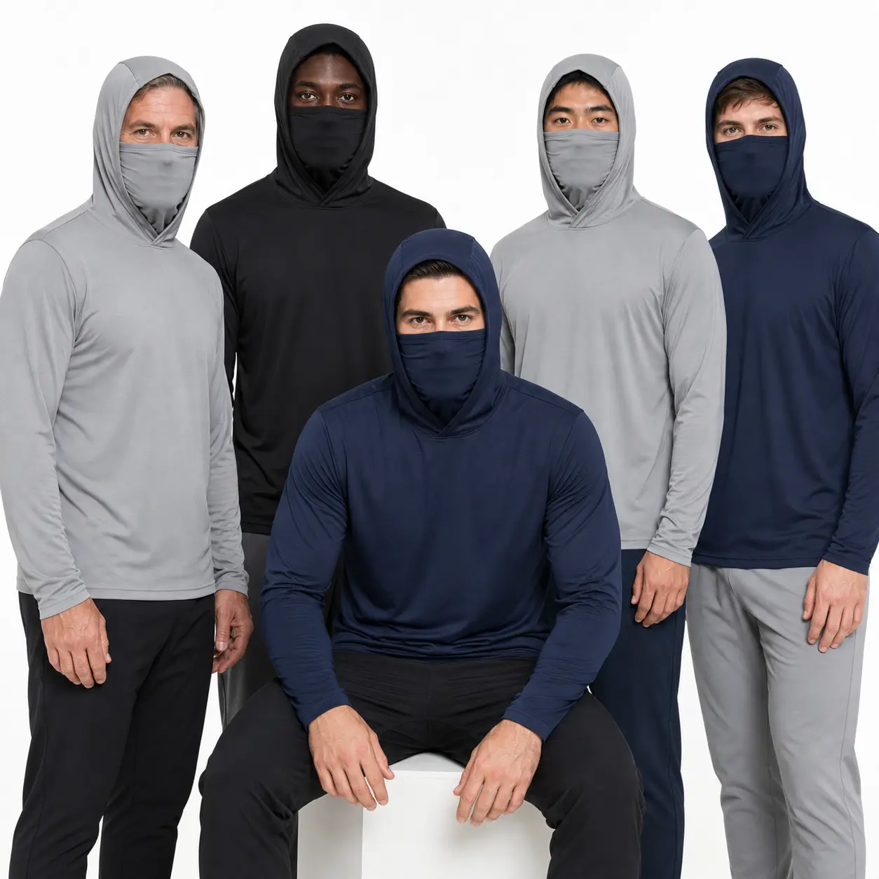 Men's Outdoor Work Sun Protection Clothing 6-Pack Breathable Long-Sleeve Hoodie with Sun-Blocking Hood Built-In Face Mask and Neck Guard