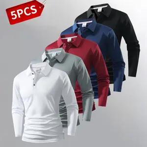Men’s 5-piece set of casual athletic short-sleeve polo shirts with a turn-down collar, suitable for business casual, sports, and fitness activities