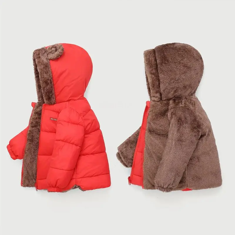 Kids' Winter Puffer Coat, Unisex Plain Polyester Hooded Outerwear with Zip-Up, Thick and Cozy for Boys and Girls, Minimalist, Long Sleeve, Crew Neck, Zip-Up Front