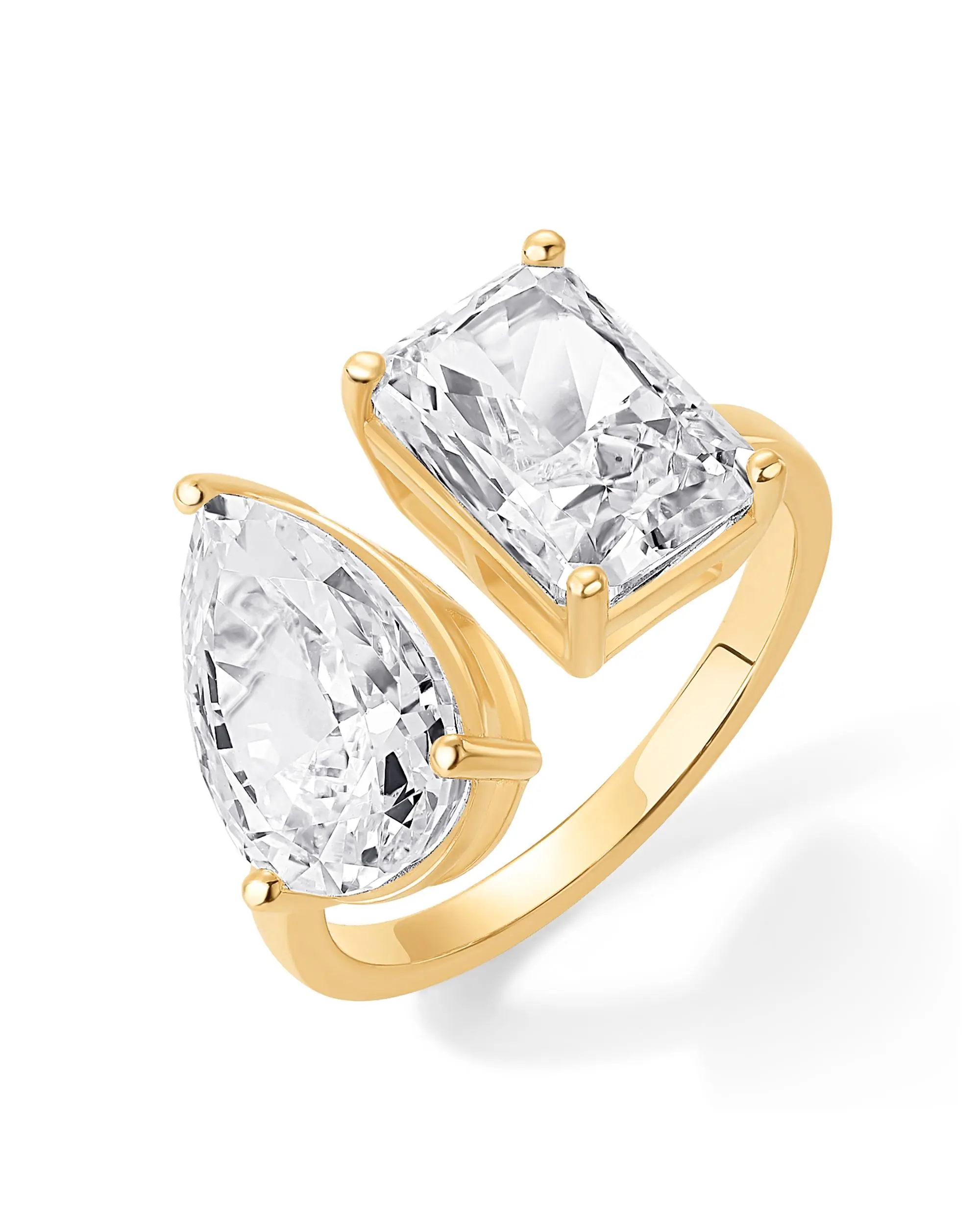 PAVOI 14K Gold Plated Toi et Moi Engagement Ring for Women - Pear & Emerald Cut Promise Rings - Statement Wedding Ring