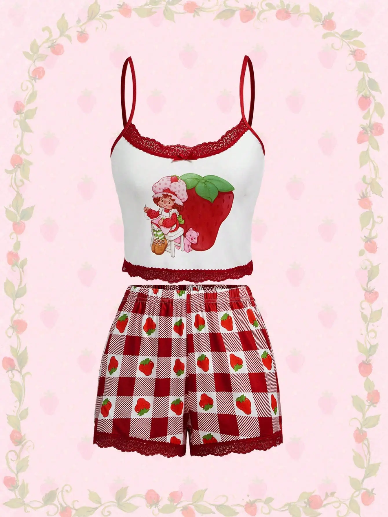 Strawberry Shortcake Women's 2-Piece Pajama Set, Comfortable Loungewear with Graphic Lace Scoop Neck Cami and Plaid Shorts, Bottom, Camisole, Cute, Top, Casual, Cartoon, Graphic Print, Lingerie, Multicolor, Casual Wear, Cami Set